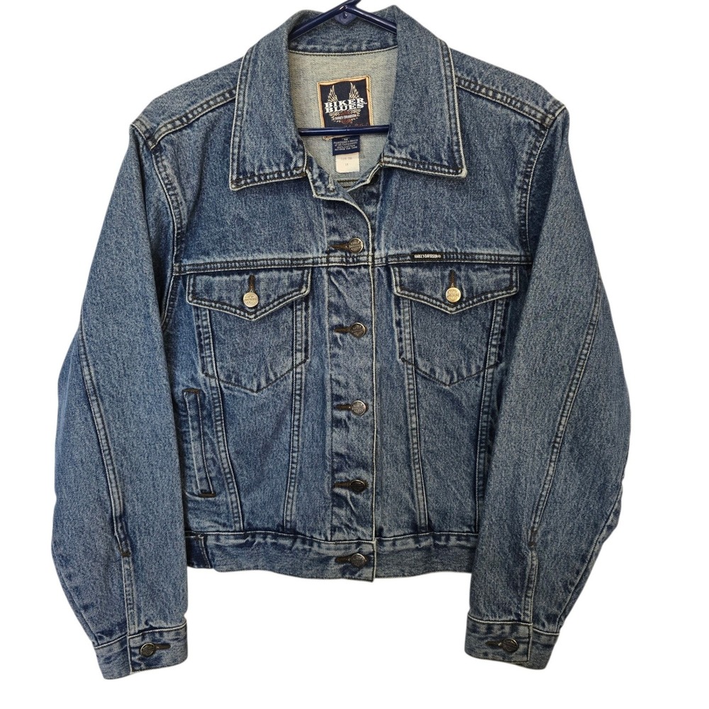 Vintage Harley-Davidson Trucker Jacket Biker Blues Embroidered Womens Medium USA